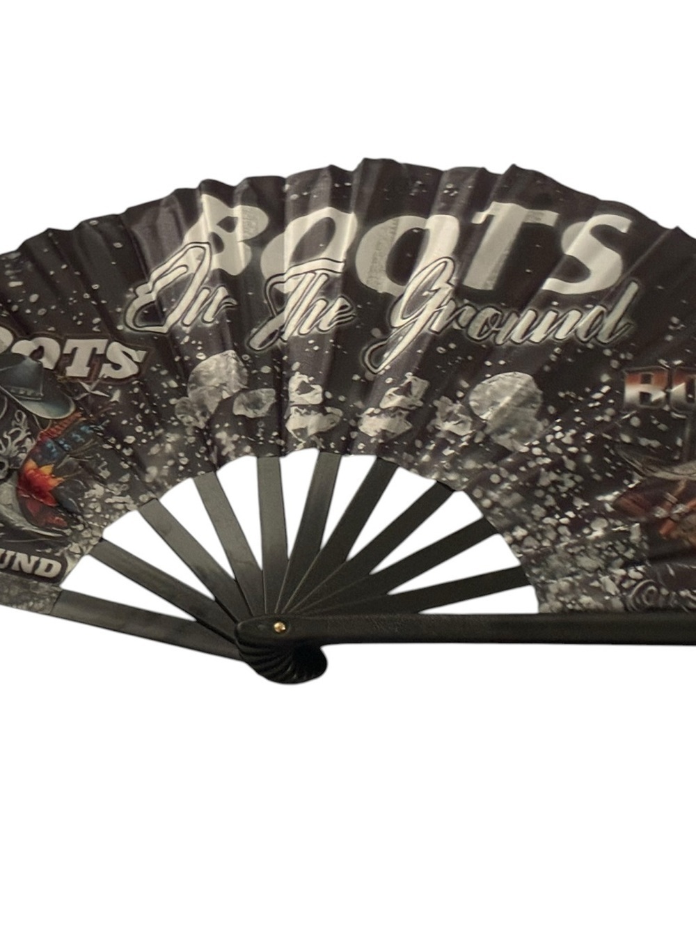 Black Folding Fan with 'Roots On The Ground' Graphic - Decorative Accent